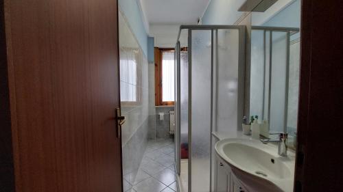 ein Bad mit einem Waschbecken, einer Dusche und einem Spiegel in der Unterkunft AlbengaMare in Albenga
