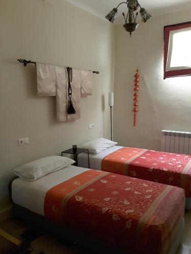 two beds in a room with towels hanging on the wall at EN EL CORAZÓN DE HUESCA in Huesca