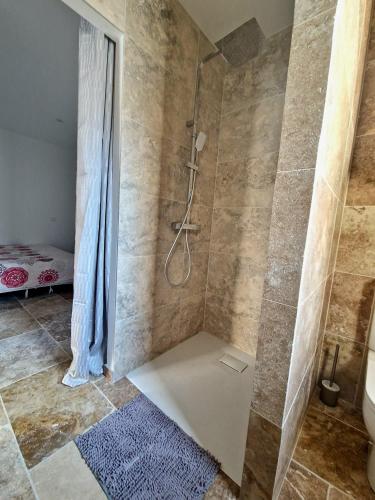 a bathroom with a shower with a shower curtain at Plages et Terres in Bessan