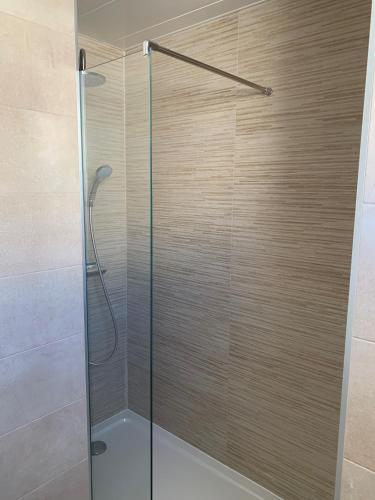 a shower with a glass door in a bathroom at Penthouse with wide terrace next to the ocean in Huelva