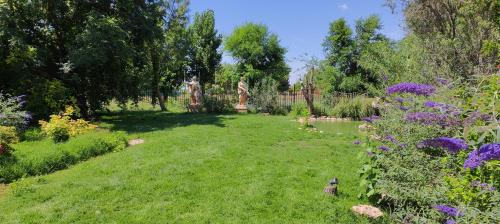 a garden with a lawn with purple flowers and trees at Refugio madera estilo árabe con estatuas, estanques y un pequeño zoo in Albacete