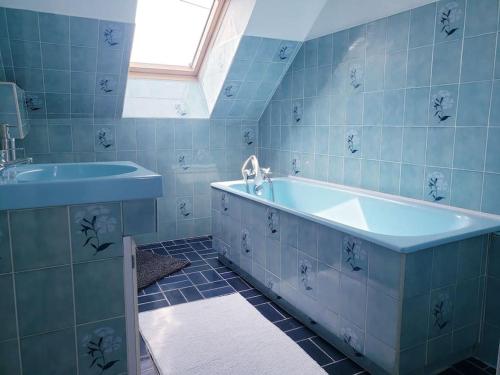 Pontaubault的住宿－La Team Familly Vue sur le Mont St Michel，蓝色的浴室设有浴缸和水槽