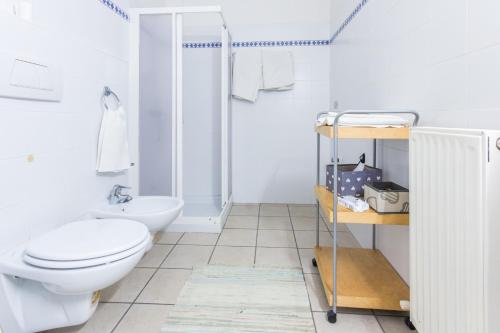 y baño blanco con aseo y ducha. en Casa Irina, en Riva del Garda