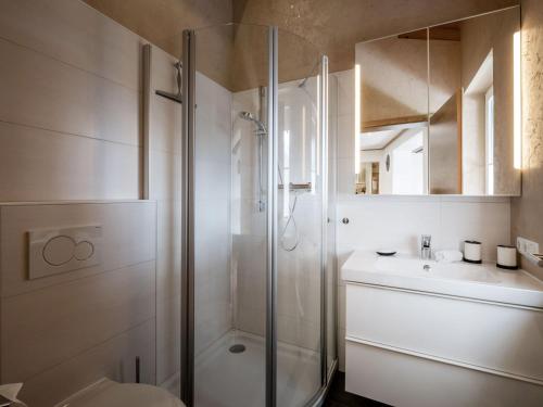 a bathroom with a shower and a toilet and a sink at Appartement Mayrl in Fieberbrunn