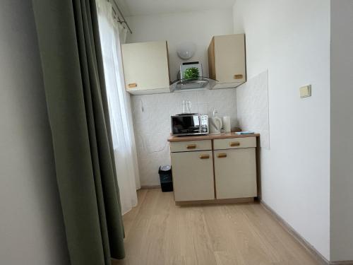 a small kitchen with a counter and a microwave at Villa Anzio in Mariánské Lázně