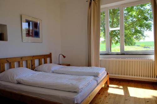 a bedroom with two beds and a large window at Gutshaus Thorstorf FeWo Boltenhagen in Warnow