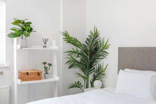 een slaapkamer met een bed en een plant aan de muur bij Beachfront Getaway 2-Bedroom House with FREE Private Parking & Patio in Brighton & Hove