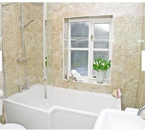 baño con bañera, aseo y ventana en Waters edge, en Rolvenden