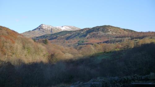a view of a valley with trees and a mountain at Amazing Views Log Cabin Broughton Mills South Lakes in lower hawthwaite