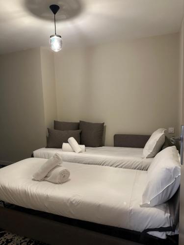 two beds in a small room with a light at Logis Hôtel & Restaurant Le Vert Bocage in Franqueville-Saint-Pierre