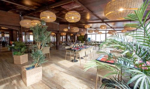 un restaurant avec des tables, des chaises et des plantes en pot dans l'établissement 6/8 pax COTTAGE - Oasis Village, à Puget-sur Argens