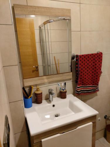 a bathroom with a sink and a mirror at Blanca Beach bel appartement avec wifi et Parking in Sidi Rahal