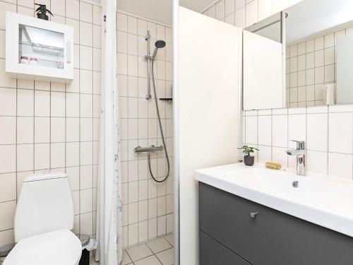 a bathroom with a shower and a toilet and a sink at Holiday home Rudkøbing XX in Rudkøbing