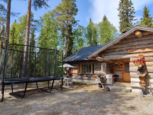 a log cabin with a picnic table in front of it at Isokelo Log Apartments in Salla