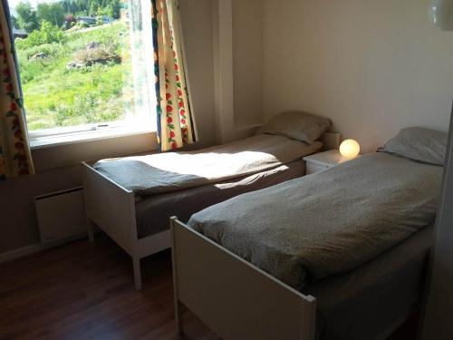 two beds in a small room with a window at Lake View Holiday Stay in Jølster in Årdal