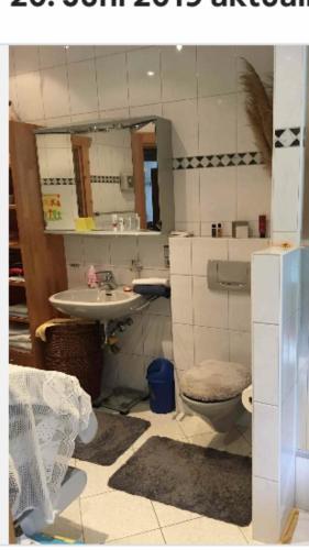 a bathroom with a sink and a toilet and a mirror at Doppelzimmer mit Wasserbett in Winningen