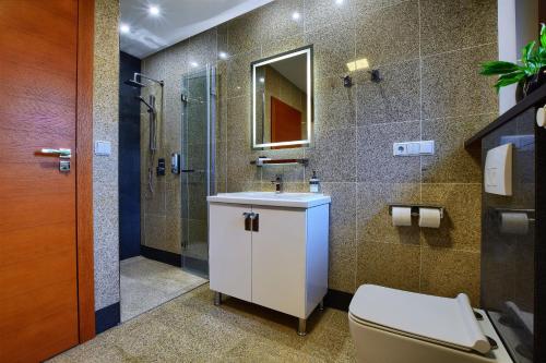 a bathroom with a toilet and a sink and a shower at Willowa 21 in Wisła