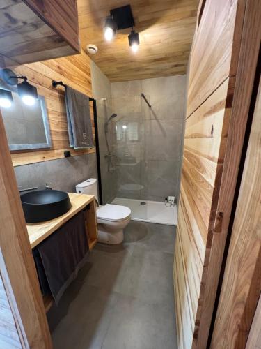 a bathroom with a shower and a toilet and a sink at IDEA Wypoczynek Domek Jezioro Białe in Okuninka