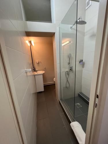 W łazience znajduje się prysznic i umywalka. w obiekcie Apartments Pia w mieście Subotica
