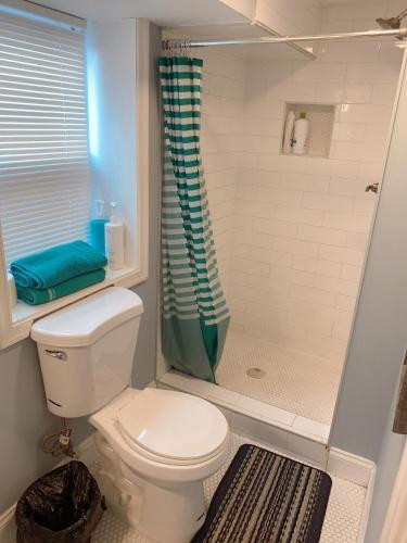 a bathroom with a toilet and a shower at Beautiful bedroom with balcony in Baltimore