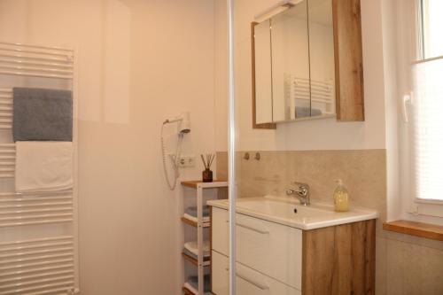 een witte badkamer met een wastafel en een douche bij Ferienhaus am Mühlteich in Lindenberg