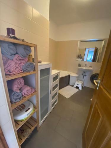 a bathroom with a sink and a toilet and towels at Deák Apartman Gárdony in Gárdony
