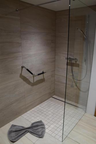 a shower with a glass door with a bow tie at Appartement Bühelblick in Gaschurn