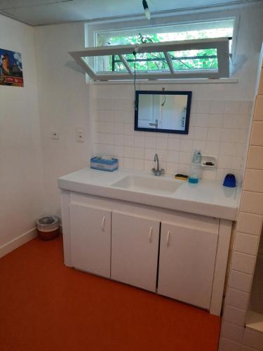 uma casa de banho com um lavatório branco e uma janela em Les coteaux de Planèze, chambre pour 2, 3 ou famille nombreuse 2 adultes 5 enfants et jeunes em Belmont-Bretenoux