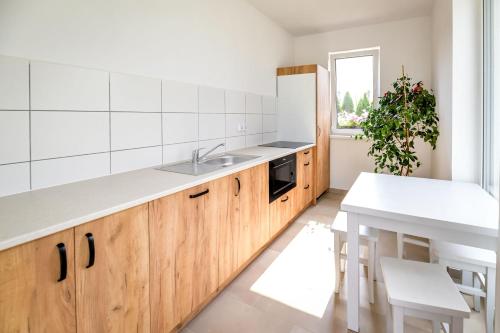 a kitchen with wooden cabinets and a white counter top at KempingZator in Zator
