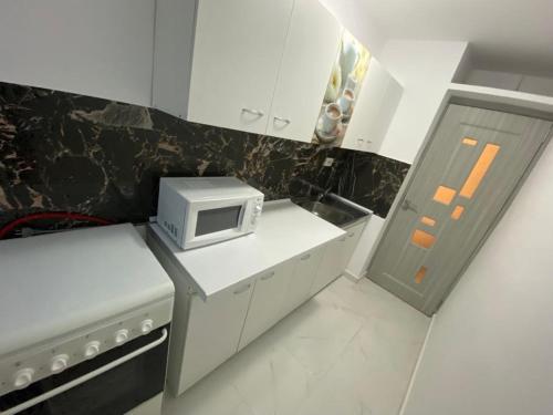 une petite cuisine avec un four micro-ondes sur un comptoir dans l'établissement Apartament in Mangalia, à Mangalia