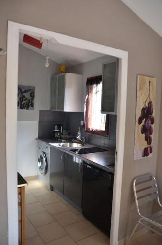 une cuisine avec un évier et une machine à laver dans l'établissement Appartement 2 pièces avec terrasse dans une petite résidence à 150m de la plage, à Saint-Cyr-sur-Mer