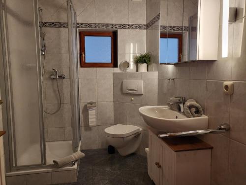 a bathroom with a shower toilet and a sink at Ferienwohnung Seelboomler in Sankt Peter-Ording