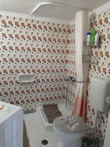 a small bathroom with a toilet and a shower at 50 metres from the beach in Hanioti
