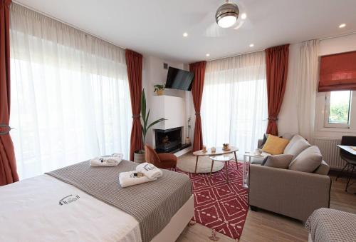 um quarto de hotel com uma cama e uma sala de estar em Bukovo Apartment em Oinófita