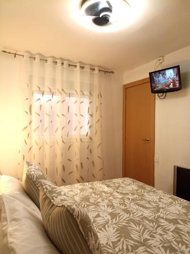 a bedroom with a bed with a curtain and a television at Brisas del Mar in Salou