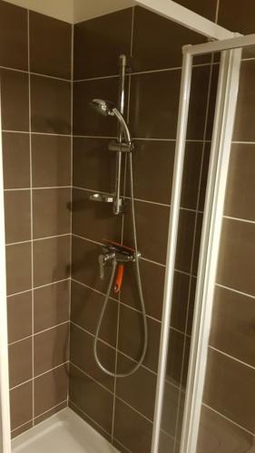 une douche avec un tuyau dans une salle de bain dans l'établissement T3 Le Lavandou ideally placed 80m² of terraces, au Lavandou