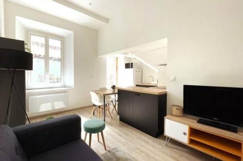 un salon avec un canapé et une télévision et une cuisine dans l'établissement Taote - Studio avec terrasse au Coeur de ville, à Brignoles