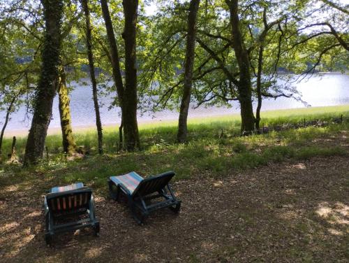 two benches sitting in a park near a body of water at La caravane nature in Saint-Julien-le-Petit