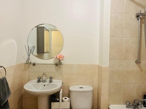 a bathroom with a sink and a toilet and a mirror at Cozy Luxurious Apartment in Edgware