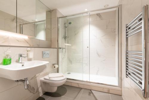 La salle de bains est pourvue d'un lavabo, de toilettes et d'une douche. dans l'établissement The Hunt One, à Dublin