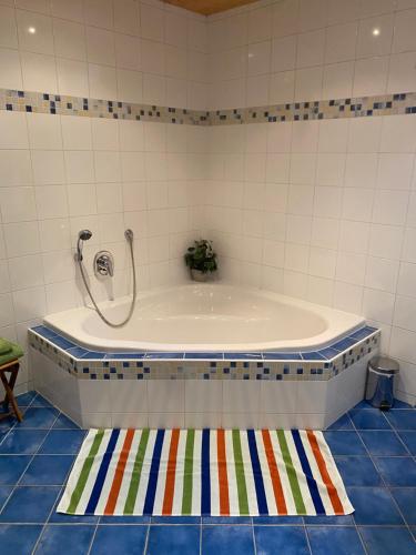 a bath tub with a shower in a bathroom at Garten Apartment Diwoky in Sankt Gilgen