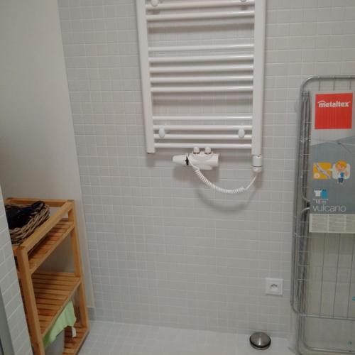 a shower stall with a heater in a bathroom at Apartmán u Skiareálu Filipovice in Bělá pod Pradědem