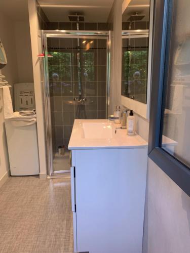 a bathroom with a white sink and a shower at L'OCEANE in Royan