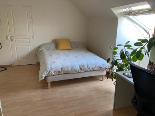 um quarto com uma cama com uma almofada em Chambre indépendante étage em Saint-Georges-du-Bois