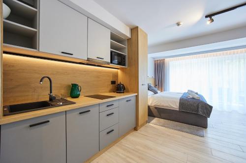 a kitchen with a sink and a bed in a room at EveRest Apartamenty Szczyrk in Szczyrk