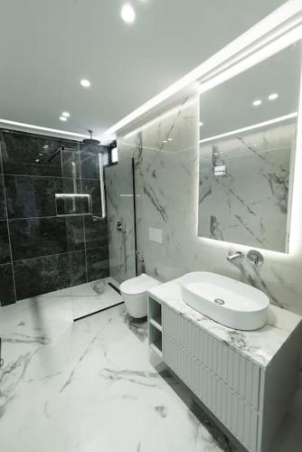 a bathroom with a sink and a toilet and a mirror at Palmera Prive Vila in Sarandë
