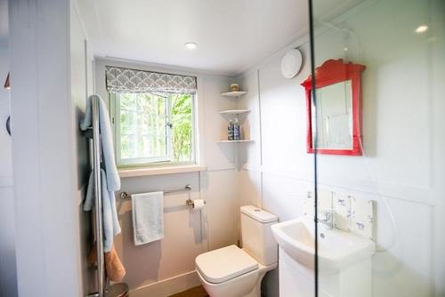 a bathroom with a toilet and a sink and a window at Cottage Orné in Long Bredy