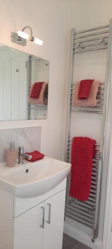 a bathroom with a sink and a mirror at The Lodgings 3 Bed Cottage suitable for families breaks, working away Lincoln in Laneham