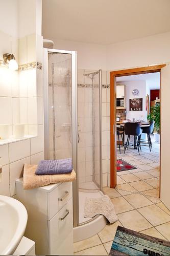 a bathroom with a shower and a sink at Daheim in Koserow in Koserow