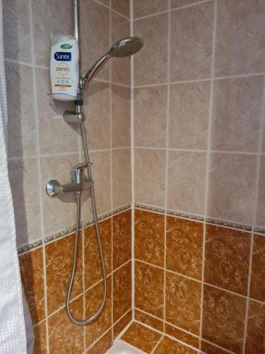 La salle de bains est pourvue d'une douche avec un pommeau de douche. dans l'établissement Petite Maison de campagne, à Fauguernon